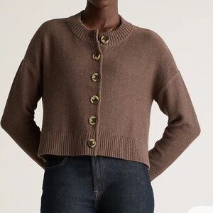 Quince Chocolate Brown Cropped Button-Up Cardigan with Faux Horn buttons